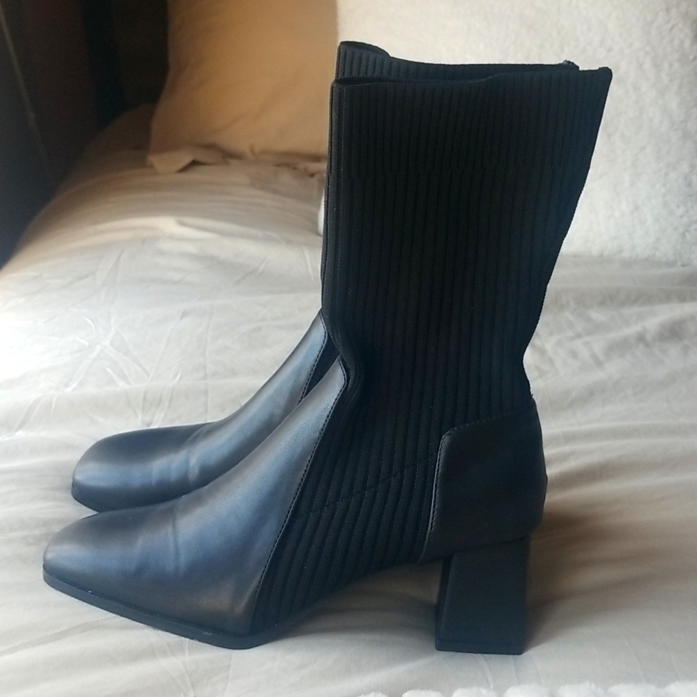 Black square toe heeled sock boots